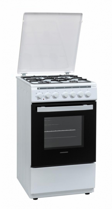 Aragaz mixt Heinner HFSC-V60LITGC-WH, 4 arzatoare gaz, Dispozitiv de siguranta plita, Aprindere electrica, Cuptor electric, GPL + GAZ, Timer, Grill, Clasa A, 50 cm, Alb + Butelie GPL 26 L [2]