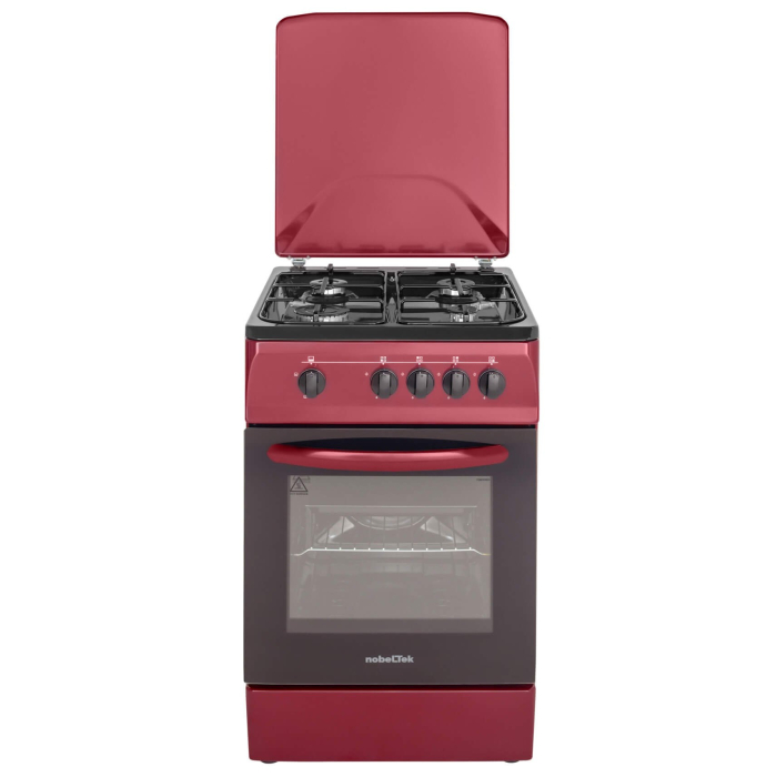 Aragaz NobelTek NLT 1065BD/G1, Gaz, 4 arzatoare, Dispozitiv siguranta plita si cuptor, 50 x 60 cm, Rosu Bordeaux [1]