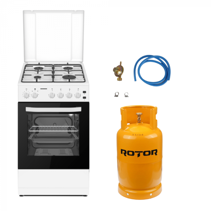 Pachet - Aragaz pe Gaz Heinner HFSC-S60LITGWH, 4 Arzătoare, Aprindere Electrică, Timer, Grill, Duze GPL, Alb, 50x60 cm + Butelie GPL 26 L [1]