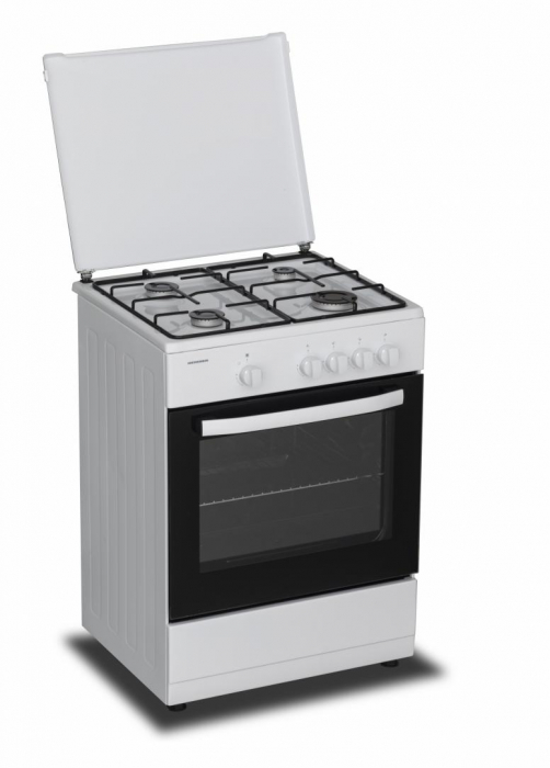 Aragaz pe Gaz Heinner HFSC-SME60WH, 4 Arzătoare, Dispozitiv Siguranță Plită și Cuptor, Capac Metalic, Duze GPL Incluse, Alb, 60x55 cm [1]