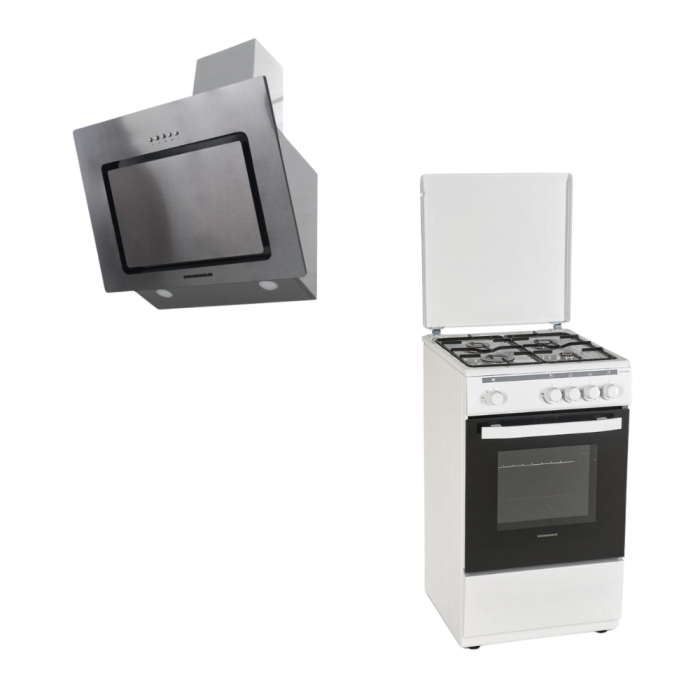 Pachet - Aragaz pe Gaz Heinner HFSC-V50WH, 4 Arzătoare, Culoare Albă, Capac Metalic, Duze GPL Incluse, 50x50 cm + Hota Heinner DCH-650RIX, Putere absorbtie 594.5 m3/h, Iluminare LED, Clasa B, 60 cm, I [1]