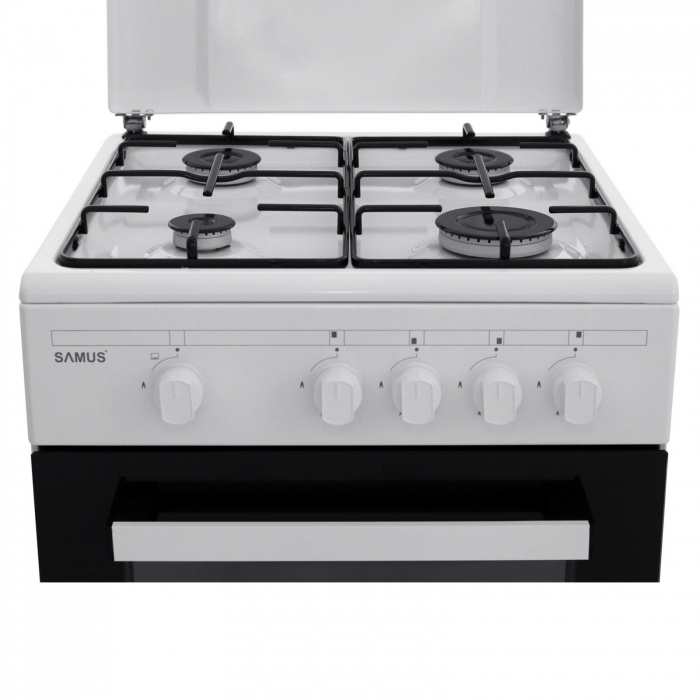 Pachet Aragaz pe gaz Samus SM450ABS, Plită cu 4 arzătoare, cuptor 49L, dublu geam, siguranță gaz + Butelie GPL 26 L, Ceas Regulator, Furtun 2m și 2 Coliere [6]