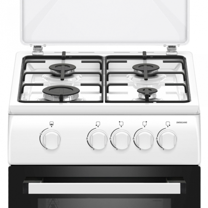 Aragaz pe gaz Samus SM561ANS, 4 arzatoare, cuptor pe gaz, dispozitiv siguranta plita si cuptor, geam dublu la cuptor, capac metalic, Alb [3]