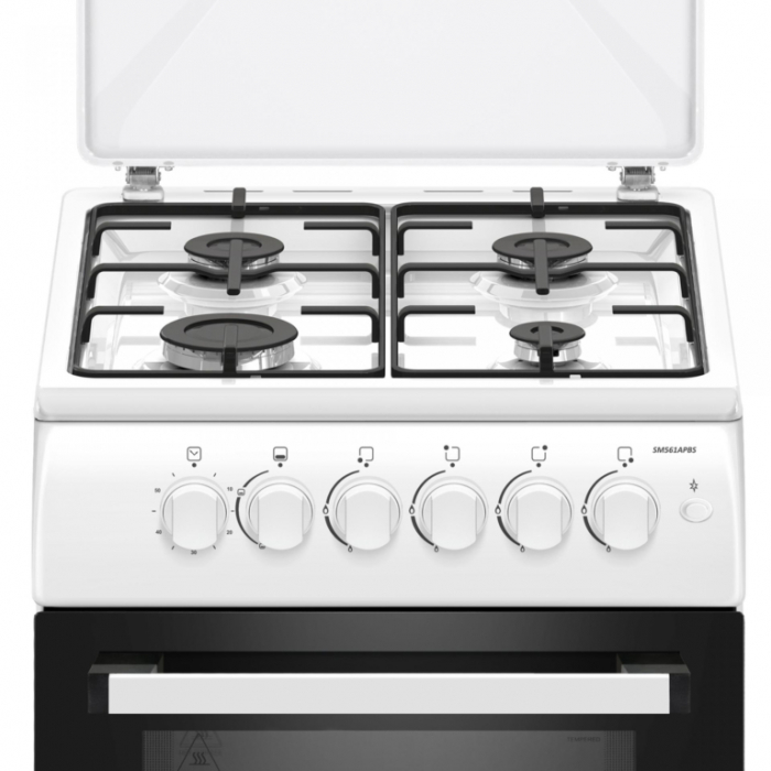 Aragaz pe gaz Samus SM561APBS, 4 arzatoare, cuptor pe gaz, aprindere electrica plita, dispozitiv siguranta plita si cuptor, geam dublu la cuptor, timer mecanic, capac metalic, Alb [2]