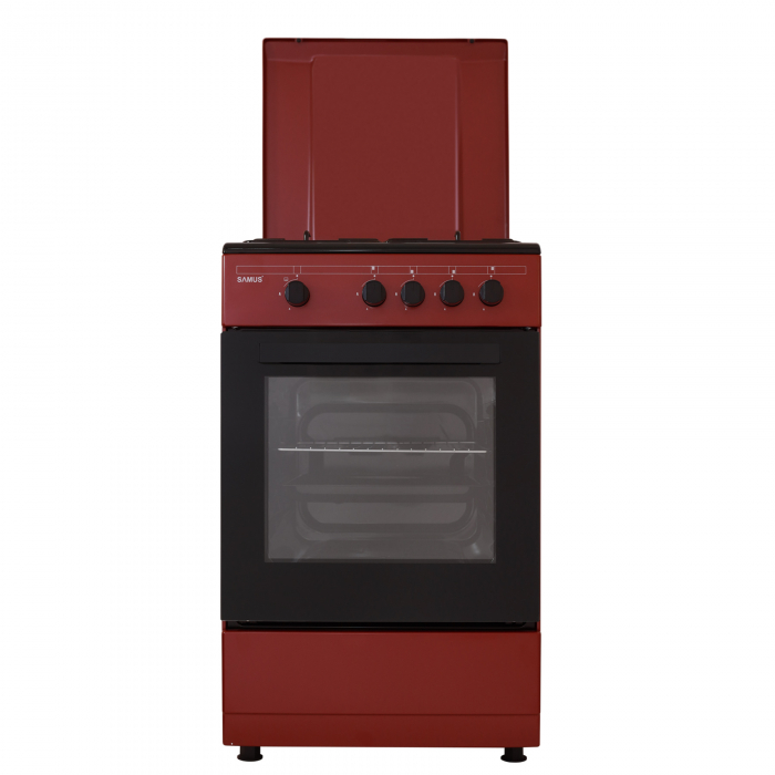 Aragaz pe gaz Samus SM566APGS, 4 arzatoare, cuptor gaz, capac de metal, Rosu + Negru [2]