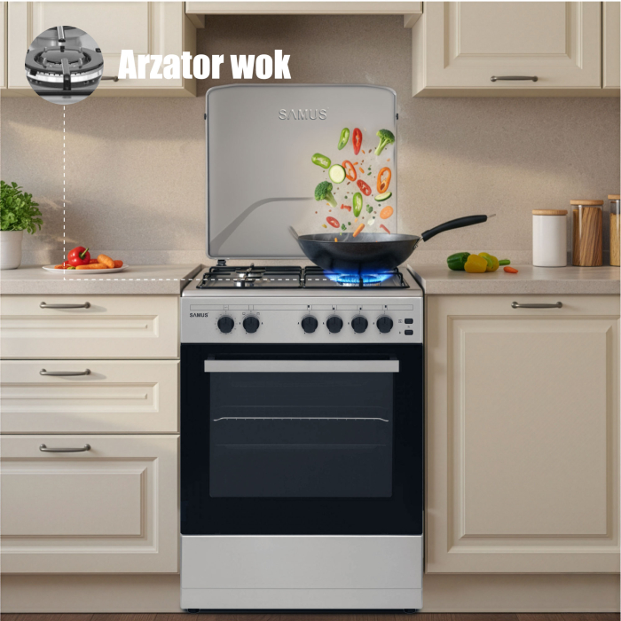Aragaz pe gaz Samus SM661XPGS, 4 arzatoare, cuptor pe gaz, 1 arzator WOK, timer cuptor, siguranta plita si cuptor, iluminare cuptor, Inox [4]