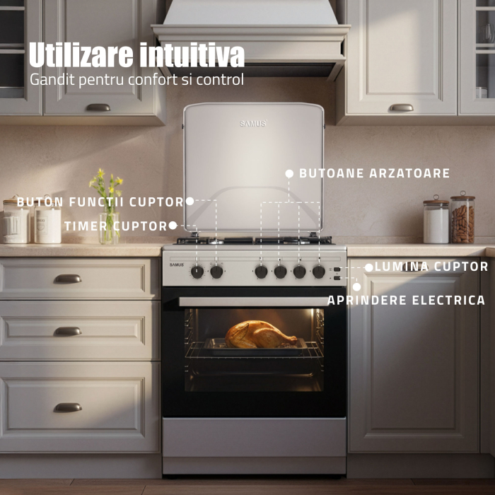 Aragaz pe gaz Samus SM661XPGS, 4 arzatoare, cuptor pe gaz, 1 arzator WOK, timer cuptor, siguranta plita si cuptor, iluminare cuptor, Inox [2]