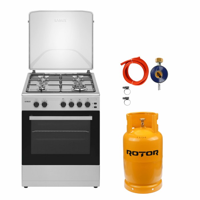 Pachet - Aragaz pe gaz Samus SM661XPGS, 4 arzatoare, cuptor pe gaz, 1 arzator WOK, timer cuptor, siguranta plita si cuptor, iluminare cuptor, Inox + Butelie GPL 26L, Ceas Regulator, Furtun și 2 Colier [1]
