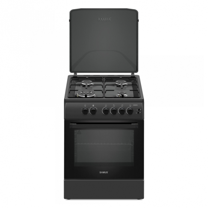 Aragaz pe gaz Samus SM664BPGS, 4 arzatoare, cuptor pe gaz, 1 arzator Wok, aprindere electrica, dispozitiv siguranta plita si cuptor, timer, grill, Antracit [1]