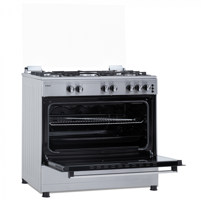 Aragaz pe gaz Samus SM950AGRXS, 5 arzatoare pe gaz, 1 arzator Wok, cuptor pe gaz, aprindere electrica plita si cuptor, dispozitiv siguranta plita si cuptor, lumina la cuptor, timer, grill, rotisor [9]