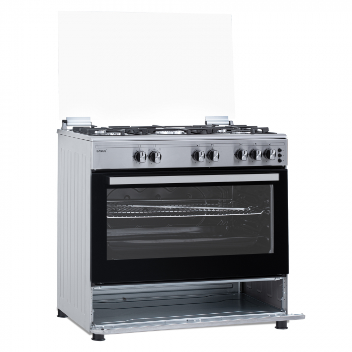 Aragaz pe gaz Samus SM950AGRXS, 5 arzatoare pe gaz, 1 arzator Wok, cuptor pe gaz, aprindere electrica plita si cuptor, dispozitiv siguranta plita si cuptor, lumina la cuptor, timer, grill, rotisor [10]