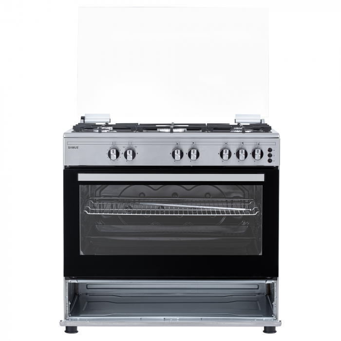 Aragaz pe gaz Samus SM950AGRXS, 5 arzatoare pe gaz, 1 arzator Wok, cuptor pe gaz, aprindere electrica plita si cuptor, dispozitiv siguranta plita si cuptor, lumina la cuptor, timer, grill, rotisor [8]