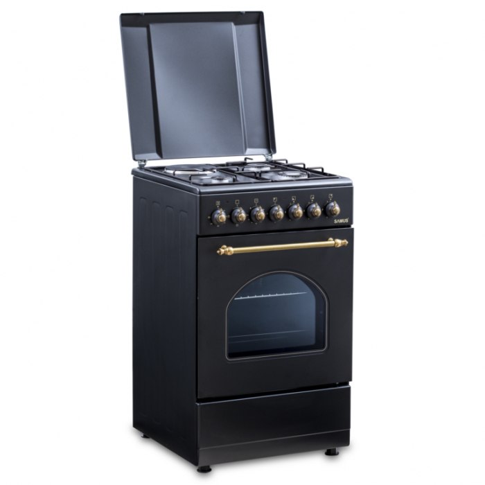 Aragaz Rustic Samus SR550EL3B1 – 3 Arzătoare pe Gaz + 1 Electric, Cuptor Electric 48L, Siguranță și Design Vintage Negru, Clasa Energetică A, Negru [1]