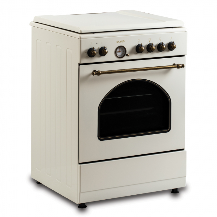 Aragaz Rustic Samus SR660EL1CW – 4 arzătoare pe gaz (1 Wok), + Diuze GPL, cuptor electric 56L, 6 funcții, aprindere electrică, timer analogic, culoare crem [5]