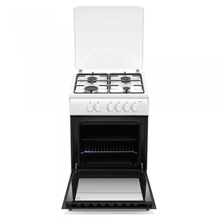Aragaz Samus, 4 arzatoare pe gaz, 60 x 60 cm, Timer, Diuze GPL separat, Cuptor pe gaz, Alb [2]
