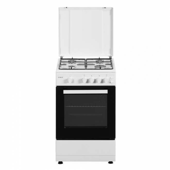 Aragaz Samus SM450APBS, 4 arzătoare, cuptor pe gaz 49L, aprindere electrică, lumină cuptor, 50x50 cm, alb, pentru utilizare cu butelie [1]