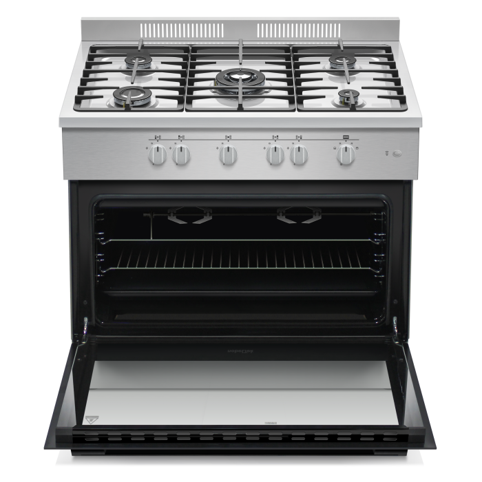 Aragaz semi-profesional Nobeltek, plita gaz cu 5 ochiuri(arzator mare triplu), cuptor gaz (102l), aprindere electrica, grill, iluminare cuptor, rotisor, gratare fonta, Inox [2]