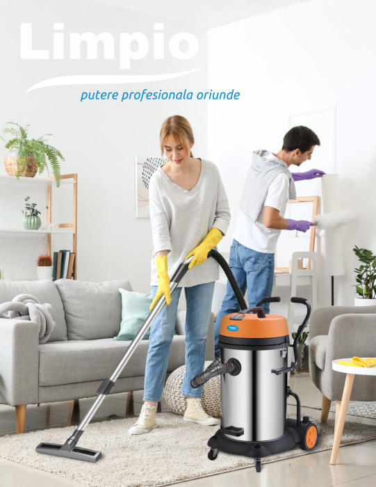 Aspirator Multifunctional Limpio LWD-60X Umed-Uscat, 60L, 2400W, 2 Motoare, 21 kPa, cu Sac, Suflare, Inox [4]