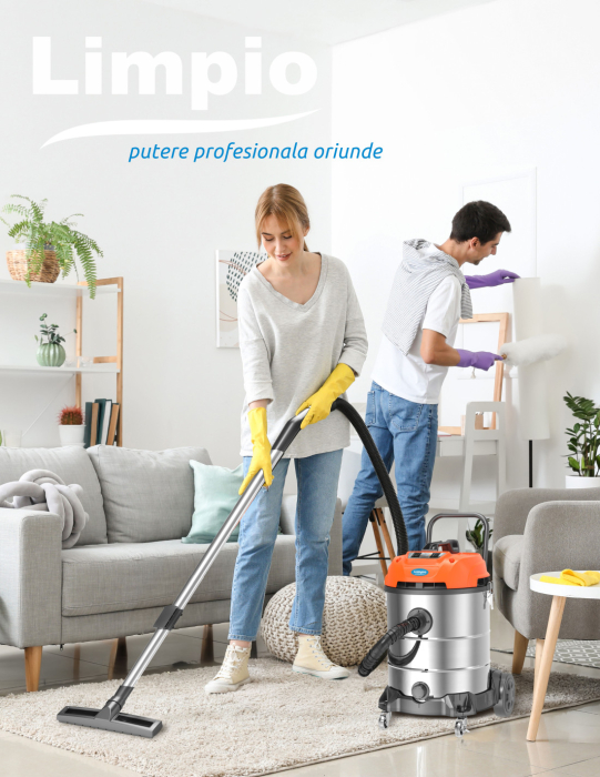 Aspirator Multifunctional Limpio LWD-60X2 Umed-Uscat, 60L, 2400W, 2 Motoare, 21 kPa, cu Sac, Suflare, Inox [3]