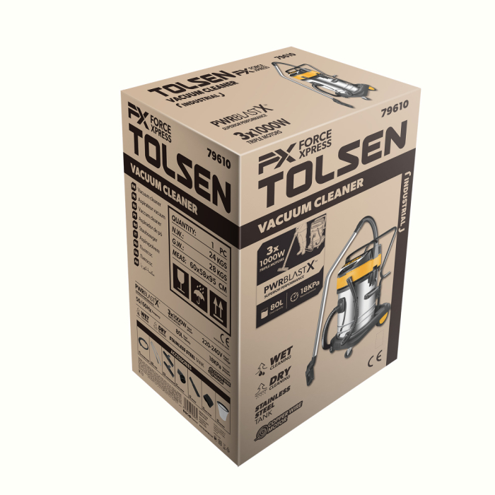 Aspirator uscat și umed 3x1000 W, Capacitate 80 L, Industrial - Tolsen [8]