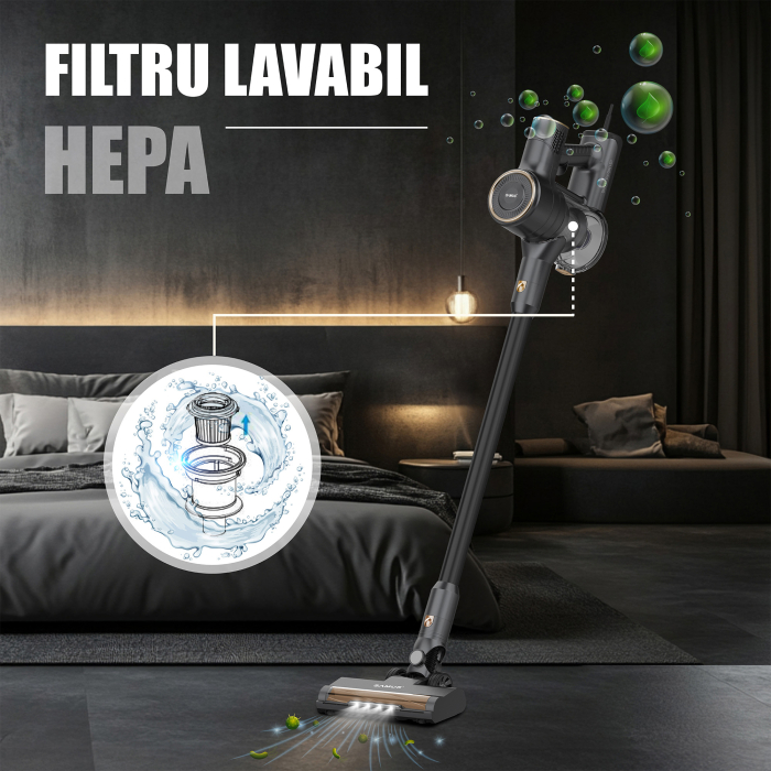 Aspirator vertical 2 in 1 Samus Sticky 61 Eco Gold 600W 17kPa Cyclonic LED Filtru HEPA Gri Auriu [10]