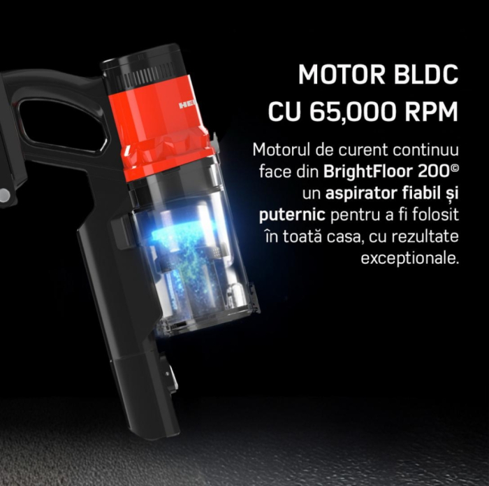 Aspirator vertical Heinner Brightfloor 200 HSVC-MBDB200OR, 200w, 3 viteze, Sistem multiciclonic, Filtru hepa, Perie electrica cu lumini LED, Negru/Rosu [11]