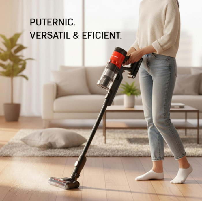 Aspirator vertical Heinner Brightfloor 200 HSVC-MBDB200OR, 200w, 3 viteze, Sistem multiciclonic, Filtru hepa, Perie electrica cu lumini LED, Negru/Rosu [14]