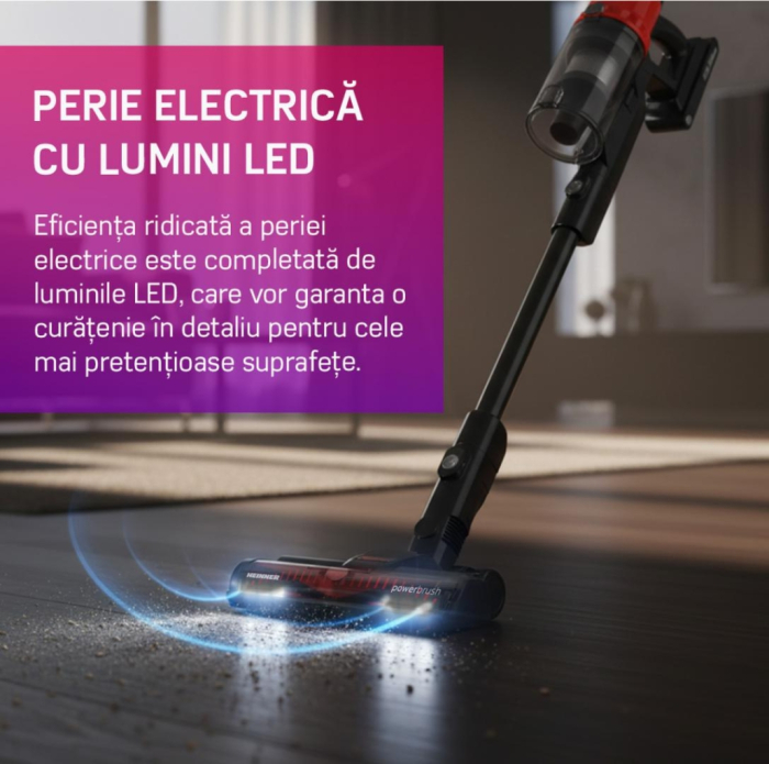 Aspirator vertical Heinner Brightfloor 200 HSVC-MBDB200OR, 200w, 3 viteze, Sistem multiciclonic, Filtru hepa, Perie electrica cu lumini LED, Negru/Rosu [13]