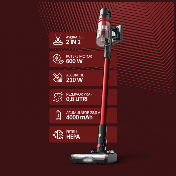 Aspirator vertical Samus Hurricane Max Pro, ciclonic, aspirare uscata, pentru uz casnic si auto, filtru Hepa + inox, 0.8 litri,  perie electrica rotativa cu LED-uri, 3 trepte de putere, Rosu [9]
