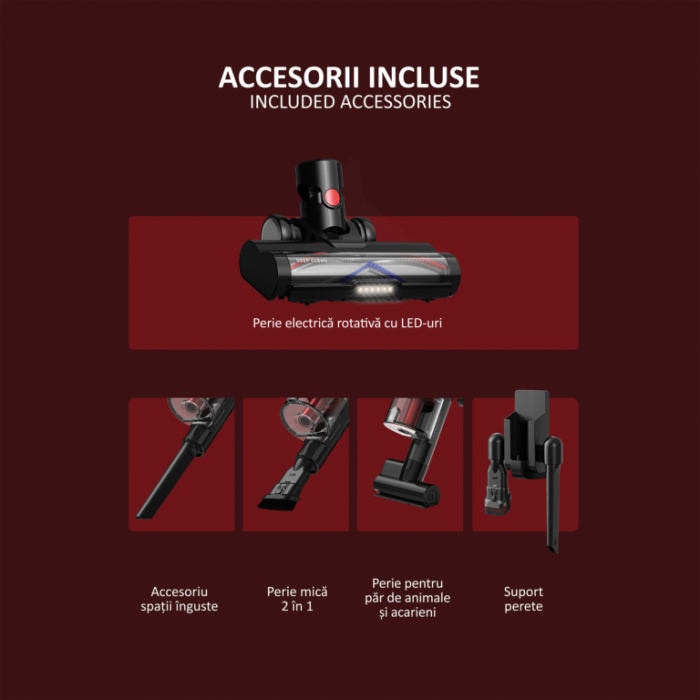 Aspirator vertical Samus Hurricane Max Pro, ciclonic, aspirare uscata, pentru uz casnic si auto, filtru Hepa + inox, 0.8 litri,  perie electrica rotativa cu LED-uri, 3 trepte de putere, Rosu [19]