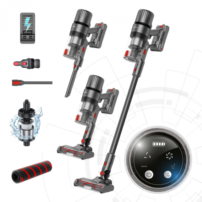 Aspirator vertical Samus Storm Air Force, ciclonic, aspirare uscata, pentru uz casnic si auto, filtru Hepa + inox, 0.65 litri, perie motorizata rotativa cu LED-uri, 2 trepte de putere, Gri [4]