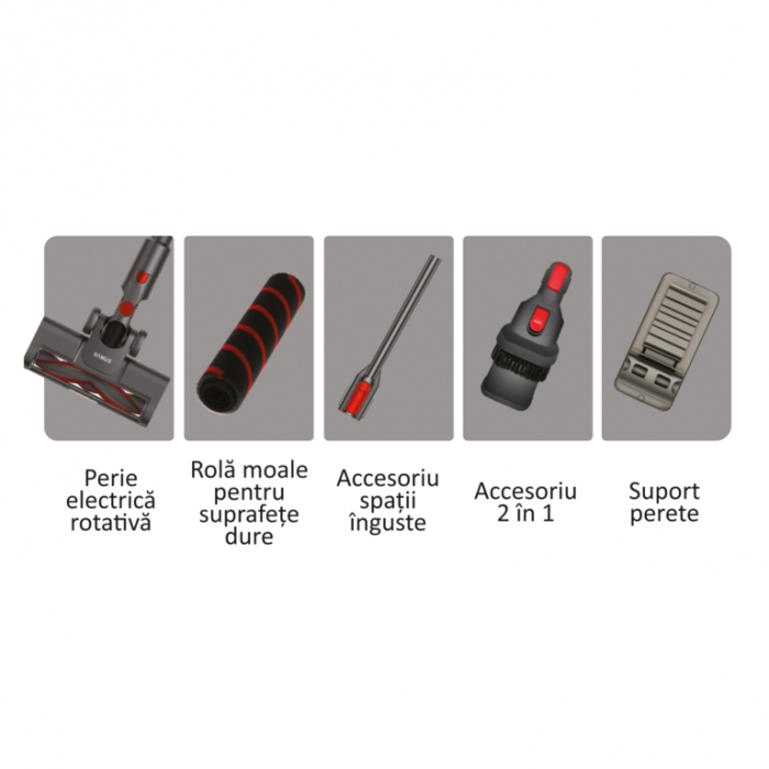 Aspirator vertical Samus Storm Air Force, ciclonic, aspirare uscata, pentru uz casnic si auto, filtru Hepa + inox, 0.65 litri, perie motorizata rotativa cu LED-uri, 2 trepte de putere, Gri [5]