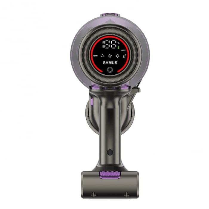 Aspirator vertical Samus Typhoon Ultra Power, ciclonic, pentru uz casnic si auto, filtru Hepa + inox, 0.65 litri, perie motorizata cu LED-uri, 4 trepte de putere, functie iSense, Mov [6]