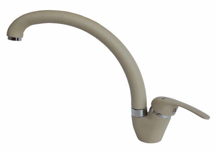 Baterie pentru chiuvetă de bucătărie OSSIA Bej, monocomandă, pipă înaltă, finisaj granit elegant și aerator cu limitare de debit pentru eficiență maximă [1]