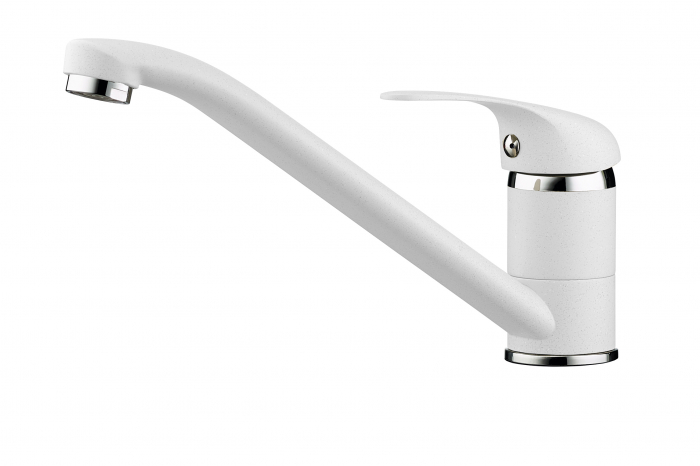 Baterie pentru chiuvetă de bucătărie Pyramis ASALIA White, monocomandă, pipă lungă, finisaj granit elegant și aerator cu limitare de debit pentru eficiență [1]