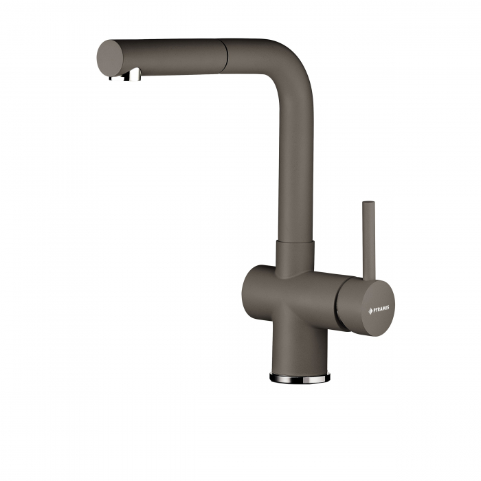 Baterie pentru chiuvetă de bucătărie Pyramis CAPRICCIO Iron Grey, monocomandă, pipă înaltă dreaptă cu cap extractabil, finisaj premium compatibil ITHAKA, cu aerator economizor [1]