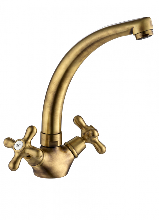 Baterie pentru chiuvetă de bucătărie Pyramis DECO, dublă comandă, robineți rotativi, pipă înaltă, finisaj antichizat premium și corp din alamă/bronz [1]