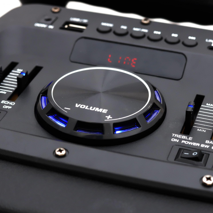 Boxă portabilă cu Bluetooth 12” (30.5 cm), 50W RMS, microfon wireless, telecomandă, acumulator 7.4V 2200mAh, USB/TF/AUX/FM, lumini pe difuzor, troler inclus [6]