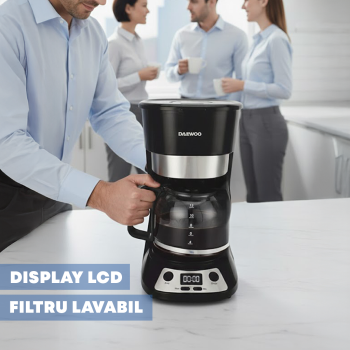Cafetiera Daewoo DCM90BX, 900 W, capacitate 1.5 litri, display LCD, filtru permanent, anti-picurare, timer, functie pornire automata, mentinere cald 40 min, Negru/Inox [5]