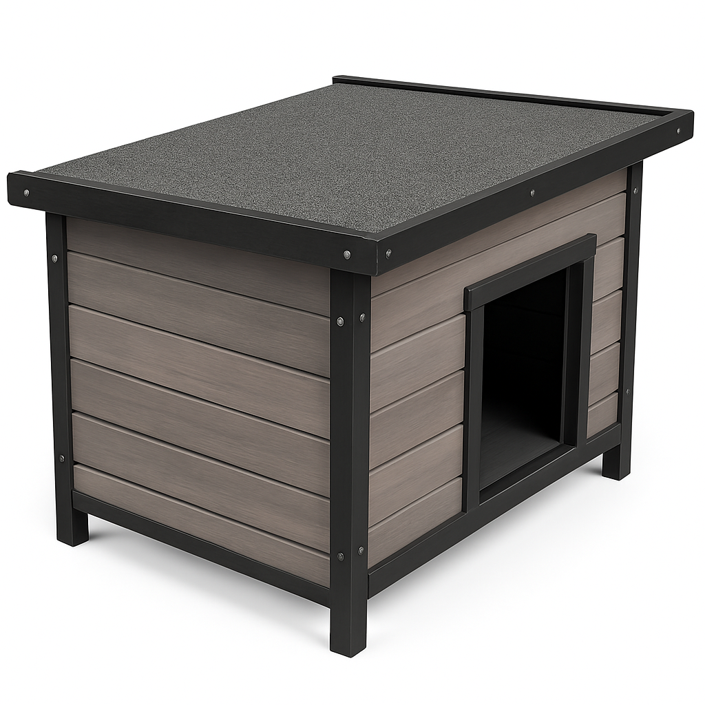 Căsuță din lemn pentru câini, pisici și iepuri BÜNTZ, acoperiș rabatabil, perdea PVC, 57x44x40 cm, Gri, pentru interior/exterior [9]