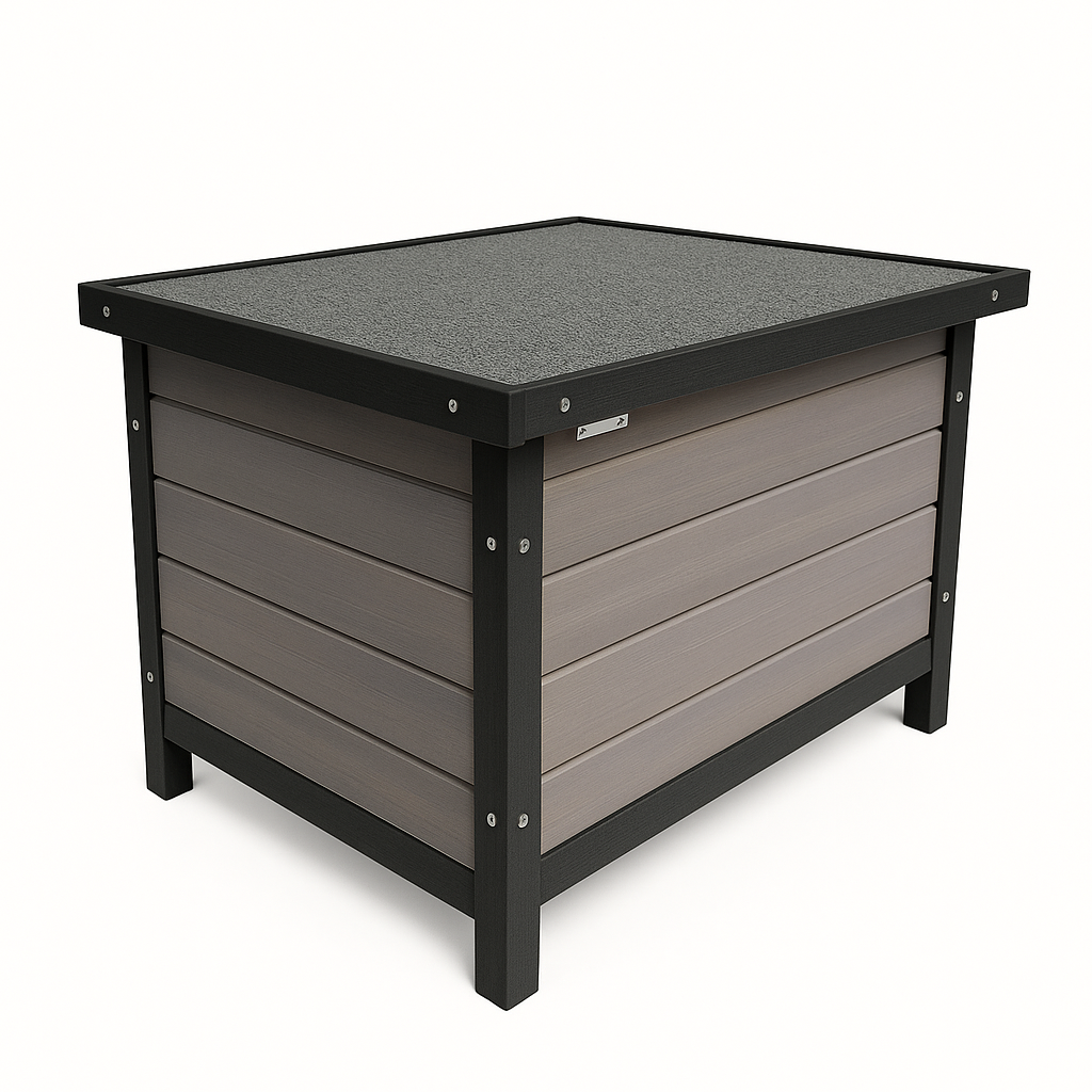 Căsuță din lemn pentru câini, pisici și iepuri BÜNTZ, acoperiș rabatabil, perdea PVC, 57x44x40 cm, Gri, pentru interior/exterior [2]
