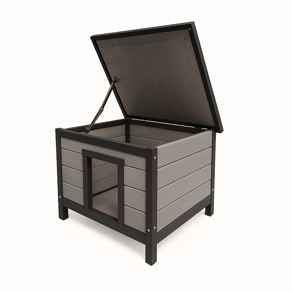 Căsuță din lemn pentru câini, pisici și iepuri BÜNTZ, acoperiș rabatabil, perdea PVC, 57x44x40 cm, Gri, pentru interior/exterior [7]