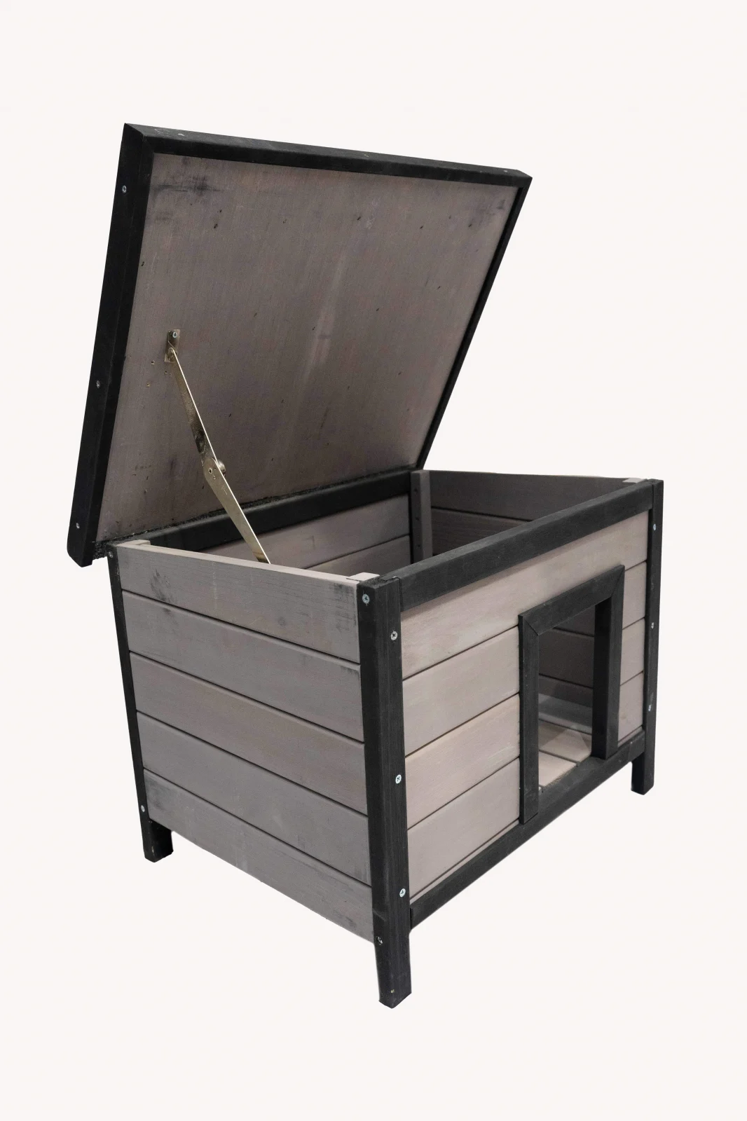 Căsuță din lemn pentru câini, pisici și iepuri BÜNTZ, acoperiș rabatabil, perdea PVC, 57x44x40 cm, Gri, pentru interior/exterior [5]