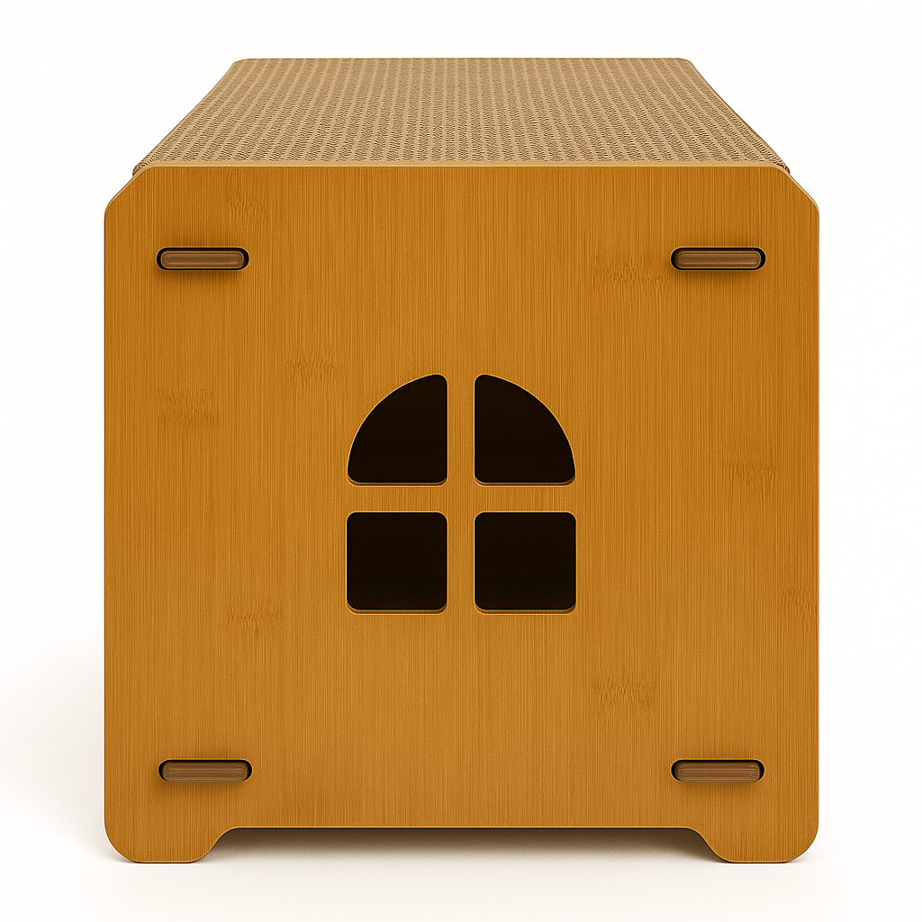 Căsuță din MDF pentru pisici BUNTZ, cu terasă și 2 plăci de zgâriat, personalizabilă, 59x28.5x35 cm, Maro, pentru interior [2]