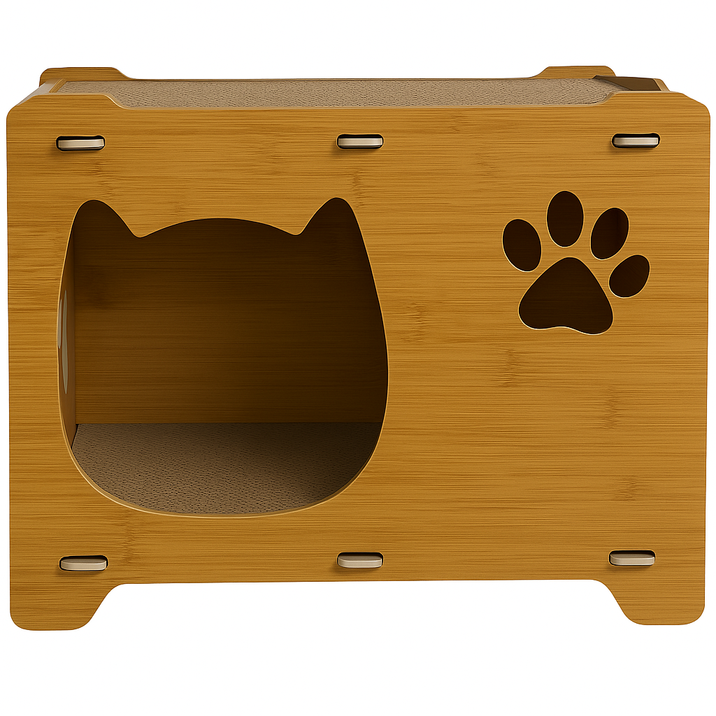 Căsuță din MDF pentru pisici BUNTZ, cu terasă și 2 plăci de zgâriat, personalizabilă, pentru interior, 44x28.5x30.5 cm, Maro [4]