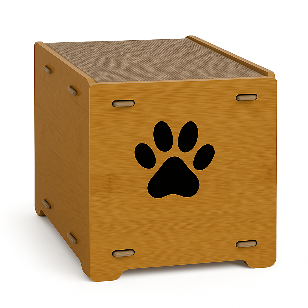 Căsuță din MDF pentru pisici BUNTZ, cu terasă și 2 plăci de zgâriat, personalizabilă, pentru interior, 44x28.5x30.5 cm, Maro [3]