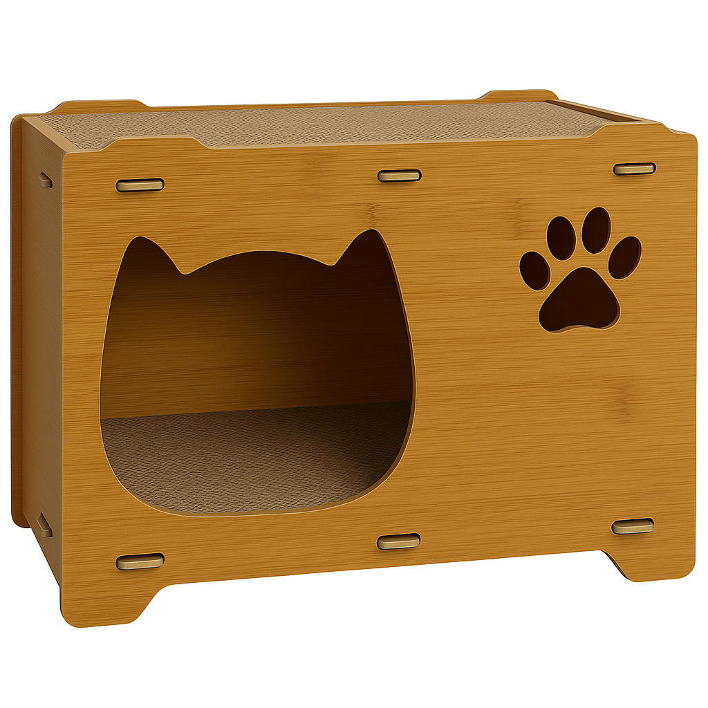 Căsuță din MDF pentru pisici BUNTZ, cu terasă și 2 plăci de zgâriat, personalizabilă, pentru interior, 44x28.5x30.5 cm, Maro [5]