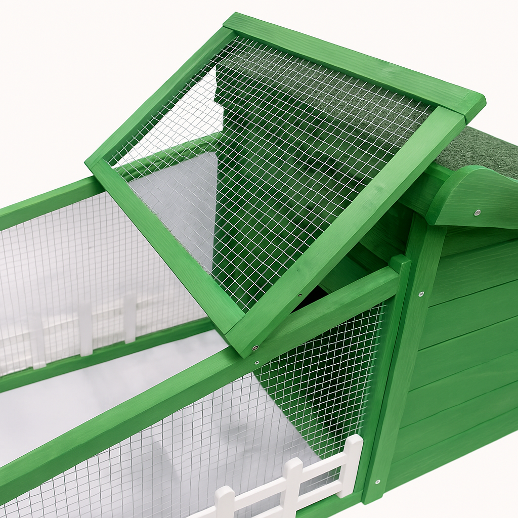 Căsuță pentru iepuri și găini BUNTZ, din lemn și metal, 142.5x60x53 cm, acoperiș rabatabil, tavă detașabilă, Verde/Alb, rezistentă la intemperii [6]