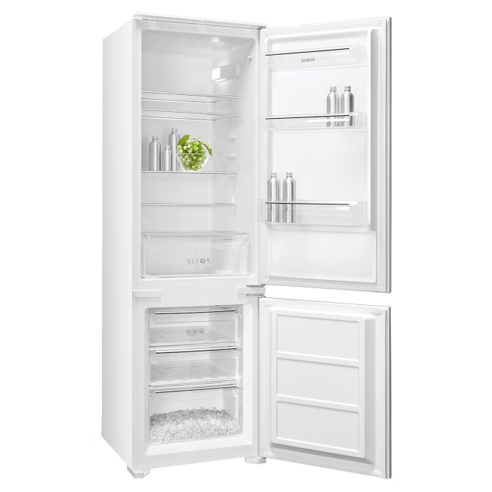 Combina frigorifica incorporabila Samus SCBI345E, 249 litri, termostat reglabil, dezghetare automata la frigider, usi reversibile, lumina interioara tip LED, Alba [1]