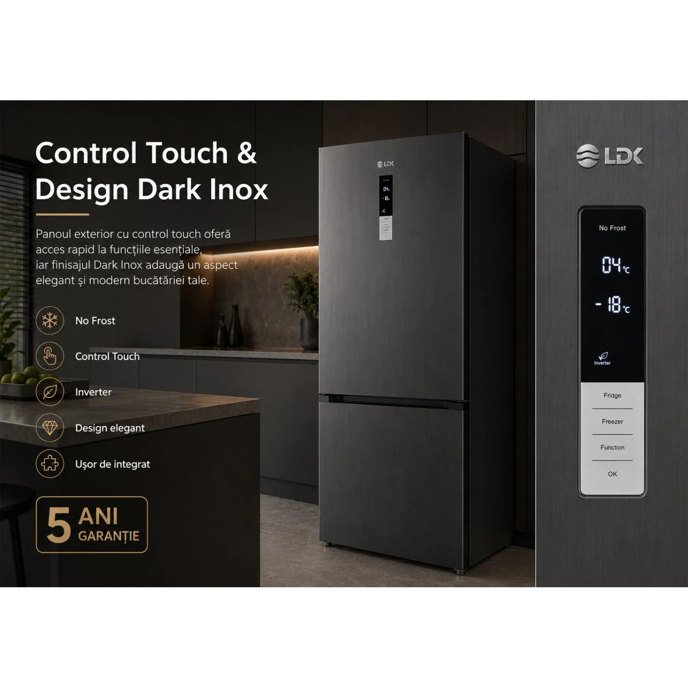 Combina frigorifica LDK CF-442NFDS, Capacitate 442 l, Latime 70 cm, Control Touch, MultiAir Flow, Rafturi Sticla, Crisper Box, H 186 cm, Clasa E, Dark Inox [11]